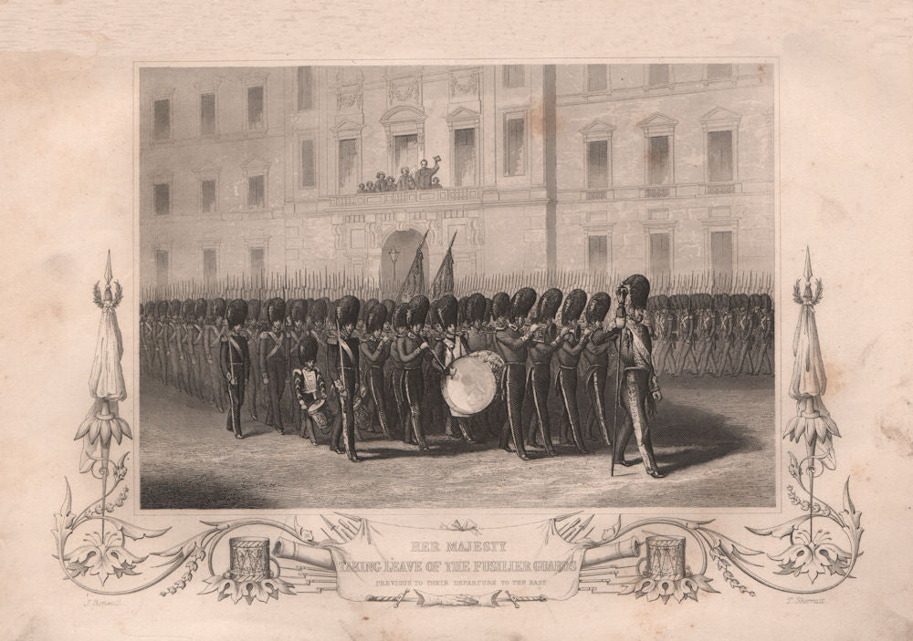 CRIMEAN WAR. Queen Victoria taking leave of the Fusilier guards 1860 old print